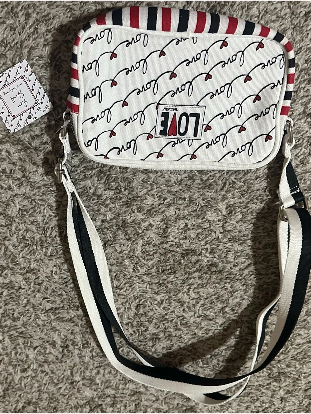 NWT Brighton Red & White Canvas Love Hearts Crossbody Bag Handwritten Scroll